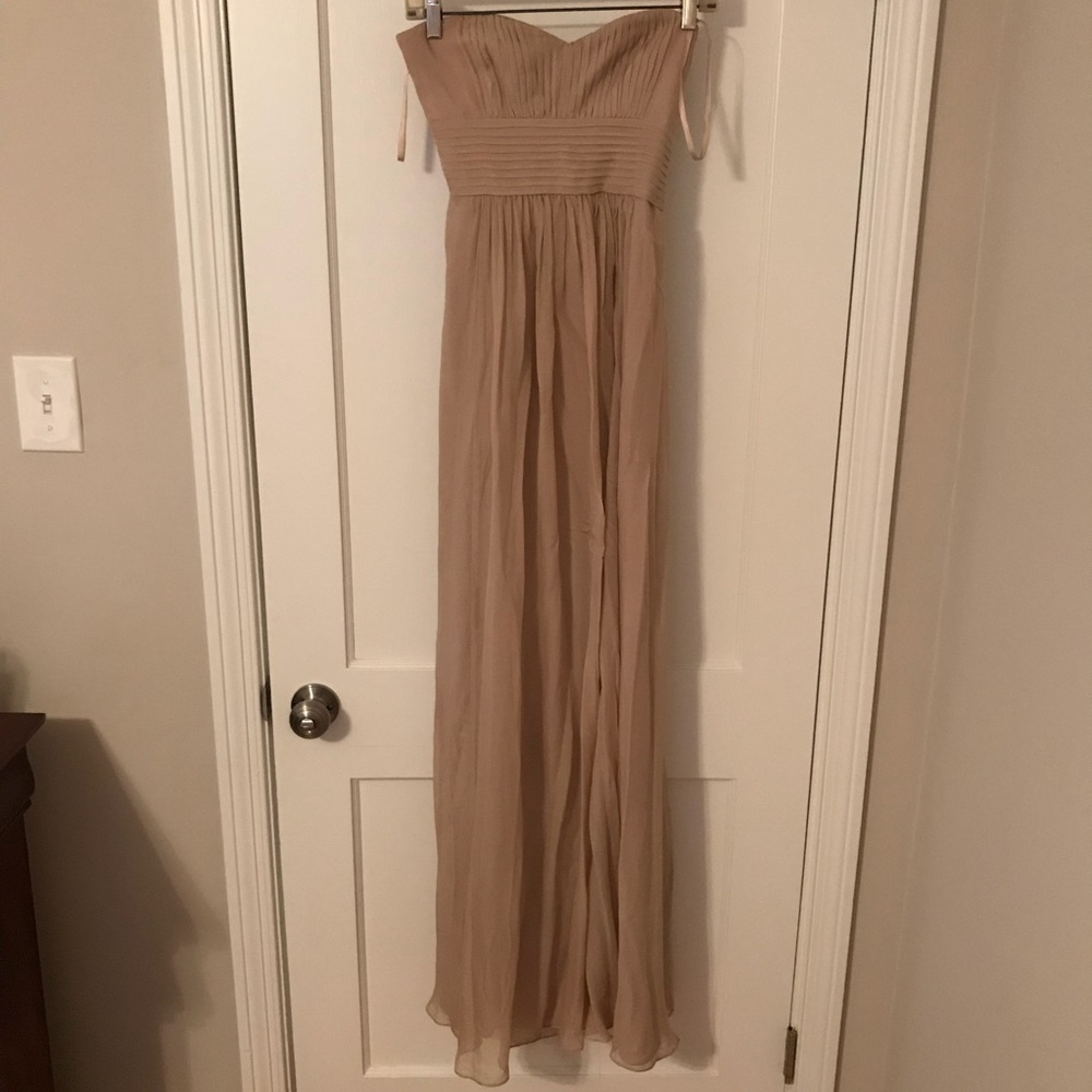 BCBG Tan strapless long silk gown